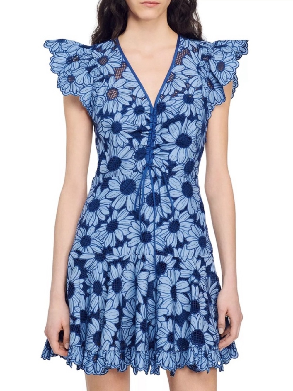 Sandro Daisy Guipure Dress Short Ruffle Sleeves Blue Size Small
